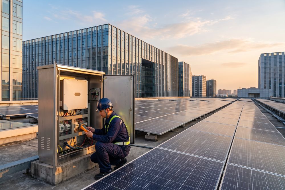 Técnico revisando un inversor de energía solar en una azotea comercial