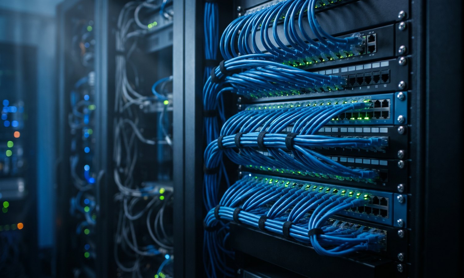 Rack de red con panel de parcheo y cableado estructurado azul